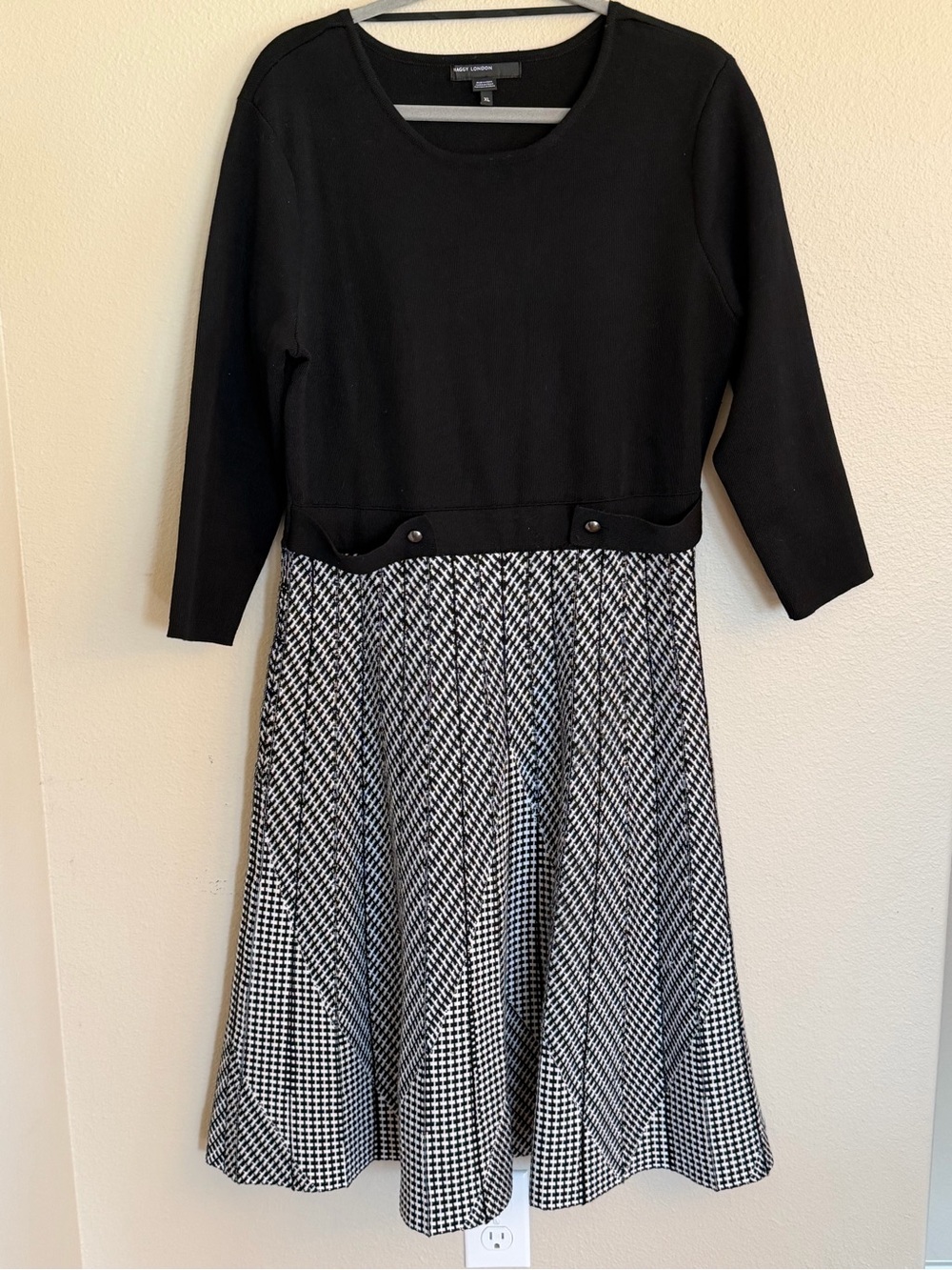 Maggy London Black Top with Black and White Houndstooth Midi Skirt